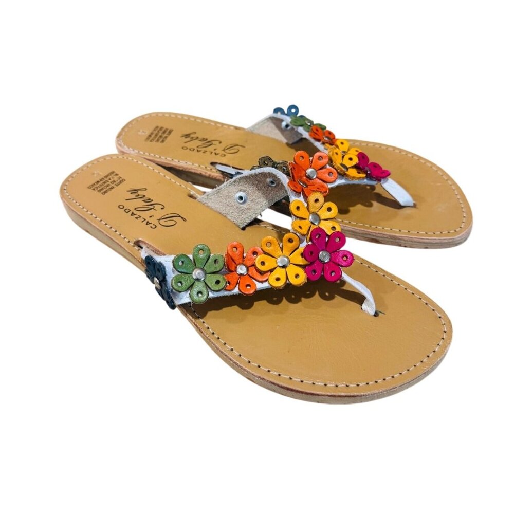 Calzado DGaby Women Leather Sandals US 8 Mexico 5 Multicolor Flower Accents Boho - Picture 3 of 11